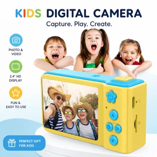Bērnu digitālā HD kamera, dzeltena ar ziliem elementiem, mini video foto kamera bērniem, bērnu fotoaparāts, bērnu videokamera 4