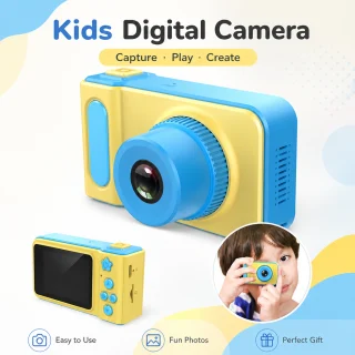 Bērnu digitālā HD kamera, dzeltena ar ziliem elementiem, mini video foto kamera bērniem, bērnu fotoaparāts, bērnu videokamera 3