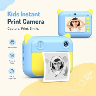 Bērnu tūlītējās drukas fotokamera ar ekrānu un iebūvētu printeri, zila, bērnu fotoaparāts ar momentālo fotodruku, bērnu instant kamera 4