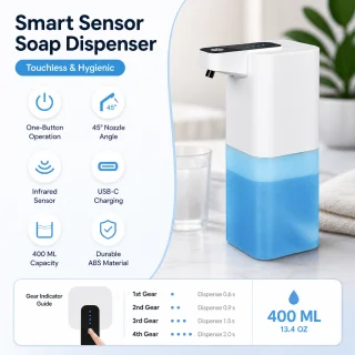 Automātiskais ziepju dozators 400 ml, elektriskais bezkontakta ziepju dozators, sensora šķidro ziepju dozators 2