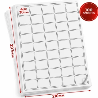 Pašlīmējošas A4 etiķešu lapas 40x30 mm, noapaļoti stūri, tukšas uzlīmes, 100 loksnes, etiķešu papīrs, uzlīmju papīrs