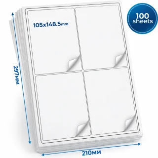 A4 pašlīmējošās etiķetes 105 x 148,5 mm, 4 uzlīmes uz lapas, 100 loksnes, tukšas baltas uzlīmes, uzlīmju papīrs