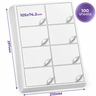 A4 pašlīmējošās etiķetes 105 x 74,2 mm, 100 loksnes, taisnstūra tukšas uzlīmes, uzlīmju papīrs, etiķešu uzlīmes