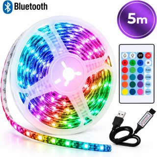 RGB LED lente 5 m ar Bluetooth vadību, RGB LED sloksne 5 m ar Bluetooth, krāsainā LED gaismas lenta ar Bluetooth