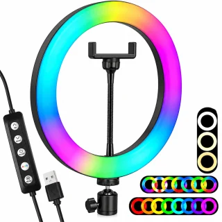 RGB gredzena lampa 26 cm ar telefona turētāju, LED riņķa apgaismojums, foto gredzenlampa