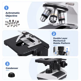 Binokulārais bioloģiskais mikroskops ar 2 standarta lēcām, palielinājums līdz 1600x, laboratorijas mikroskops, izglītības mikroskops 3