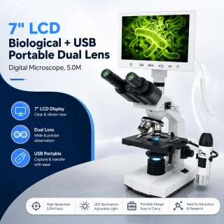 Bioloģiskais mikroskops ar ekrānu, 2 objektīviem un palielinājumu līdz 1600x, digitālais bioloģijas mikroskops, laboratorijas mikroskops ar ekrānu 3