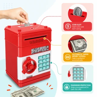 Elektroniskā krājkase ar PIN kodu, sarkana drošības naudas kaste seifa formā, bērnu seifs, PIN koda krājkase 2