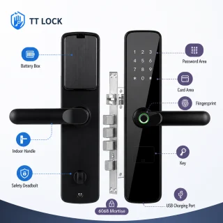 Viedā durvju slēdzene ar rokturi, NFC kartes lasītāju, paroles ievadi un pirkstu nospiedumu skeneri, piemērota viesnīcām, elektroniskā durvju slēdzene, viedais durvju rokturis 4