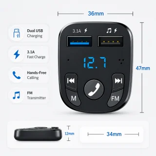 Bluetooth 5.0 auto FM raidītājs, FM modulators, melns auto Bluetooth FM adapteris, automašīnas Bluetooth FM pārraidītājs 2