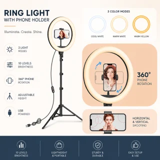LED riņķveida lampa ar statīvu 160 cm, 26 cm gaismas riņķis, statīvs ar 2 tālruņu turētājiem, riņķveida gaismas lampa ar statīvu, viedtālruņa gredzenlampa 4