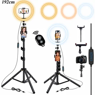 LED riņķveida lampa ar statīvu 160 cm, 26 cm gaismas riņķis, statīvs ar 2 tālruņu turētājiem, riņķveida gaismas lampa ar statīvu, viedtālruņa gredzenlampa