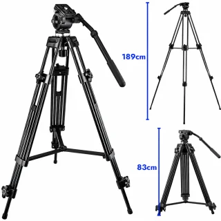 Kameras statīvs no alumīnija sakausējuma ar divvirzienu video galvu, maksimālais augstums 189 cm, līdz 8 kg kameras atbalsts, video statīvs, trijkājis kamerai