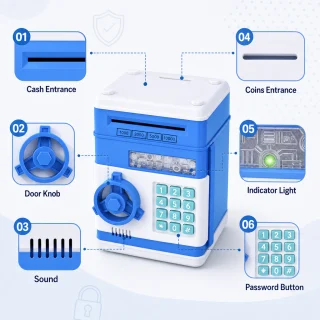 Elektroniska krājkase ar PIN kodu, zila naudas kase, seifs bērnu iekrājumiem, naudas krājkase, elektroniska taupīšanas kaste 4