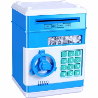 Elektroniska krājkase ar PIN kodu, zila naudas kase, seifs bērnu iekrājumiem, naudas krājkase, elektroniska taupīšanas kaste