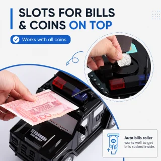 Elektroniska bērnu krājkase policijas auto formā, naudas krājkasīte monētām un banknotēm, bērnu naudas taupīšanas mašīna 3