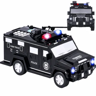 Elektroniska bērnu krājkase policijas auto formā, naudas krājkasīte monētām un banknotēm, bērnu naudas taupīšanas mašīna