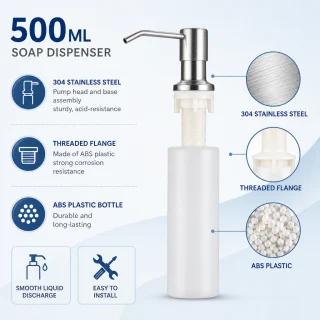 Iebūvējamais šķidrās ziepes dozators, 500 ml, sudraba krāsā, iebūvējams izlietnē, iebūvējams ziepju dozators, virtuves izlietnes ziepju dozators 4