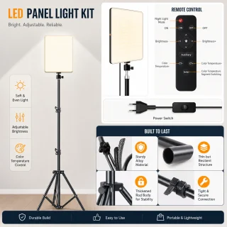 LED studijas gaisma 50W ar 720 LED paneļiem, regulējams trijkājis, tālvadības pults, 2500K–7500K krāsu temperatūras un spilgtuma regulēšana foto un video uzņemšanai, LED apgaismojums fotografēšanai, video studijas lampu komplekts 5
