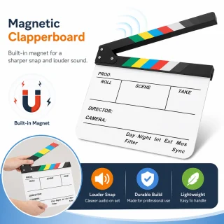 Klapertslēge kino filmēšanai akrila balta ar krāsainu augšējo joslu 30x27 cm režisoriem, operatoriem, fotogrāfijai un video producēšanai, kino klapene, filmu slāteņdēlis 3