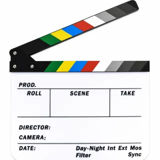 Klapertslēge kino filmēšanai akrila balta ar krāsainu augšējo joslu 30x27 cm režisoriem, operatoriem, fotogrāfijai un video producēšanai, kino klapene, filmu slāteņdēlis