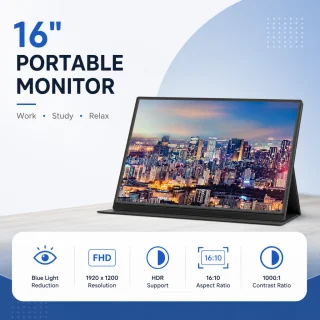 Portatīvais monitors IPS, 16 collu pārnēsājamais displejs, 1920x1200 izšķirtspēja, pārnēsājamais datorkrāns, ārējais portatīvais ekrāns 2