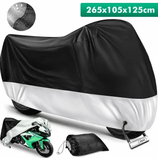 Motocikla pārvalks ūdensnecaurlaidīgs, izmērs 265x105x125 cm, ar stiprināšanas siksnām un elastīgu apakšmalu, motocikla aizsargpārsegs, motocikla brezenta pārsegs