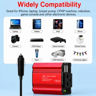 Automobilinis įtampos keitiklis 12V į 220V, 150 W maitinimo keitiklis iš DC į AC, su 1 AC lizdu ir dvigubu USB įkrovikliu, automobilinis inverteris, automobilio maitinimo keitiklis 3