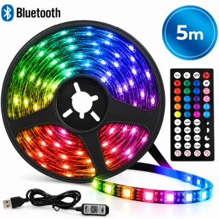 LED RGB juostelė 5 m su „Bluetooth“ valdymu ir pulteliu, LED šviesos juosta, LED lemputių juostelė