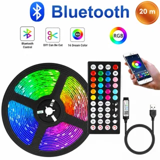 RGB LED juosta 20 m, 12 LED/m, valdymas per „Bluetooth“ ir 44 mygtukų nuotolinį pultelį, LED šviesos juosta, spalvota apšvietimo juosta 1